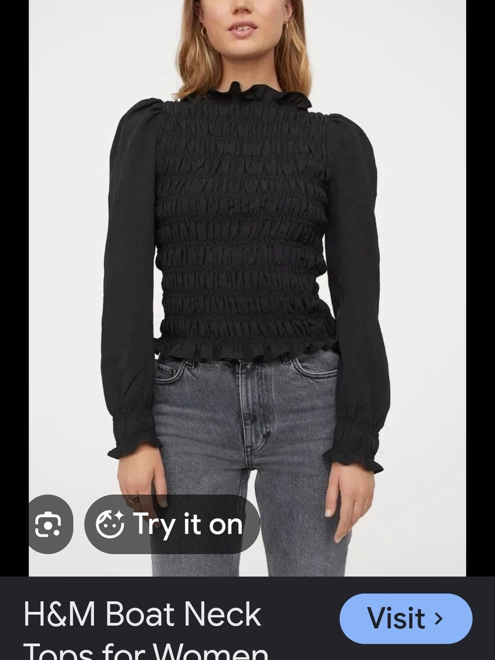 H&M Black Smocked Ruffle-Neck Blouse